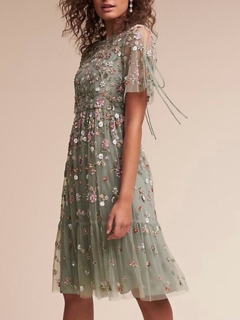Needle & Thread Floweret Embellished Midi Dress Sage Green US 6